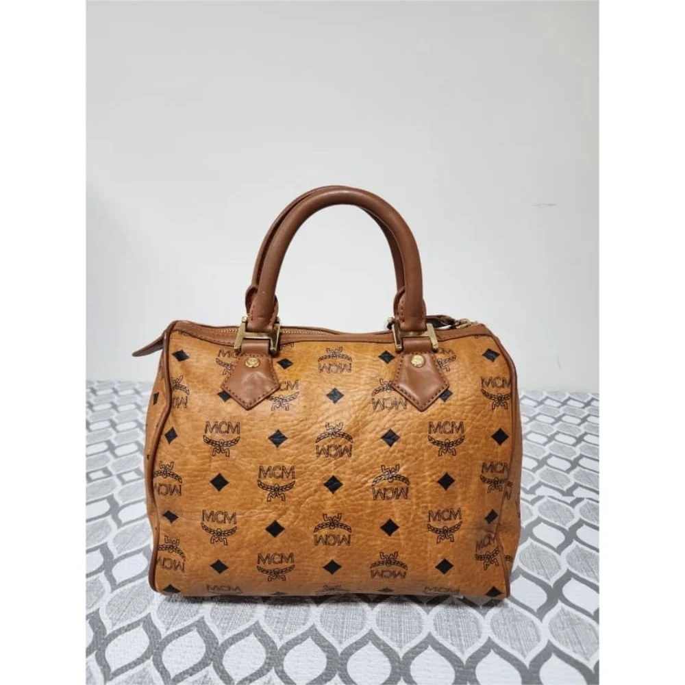 Authentic MCM Visetos Essential Boston Dog Bone Bag Cognac - Picture 3 of 11